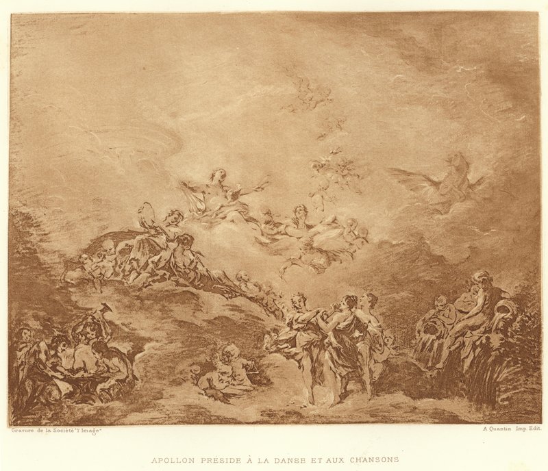 Apollo presiderer ved dans og sanger (gravering) av Francois (after) Boucher