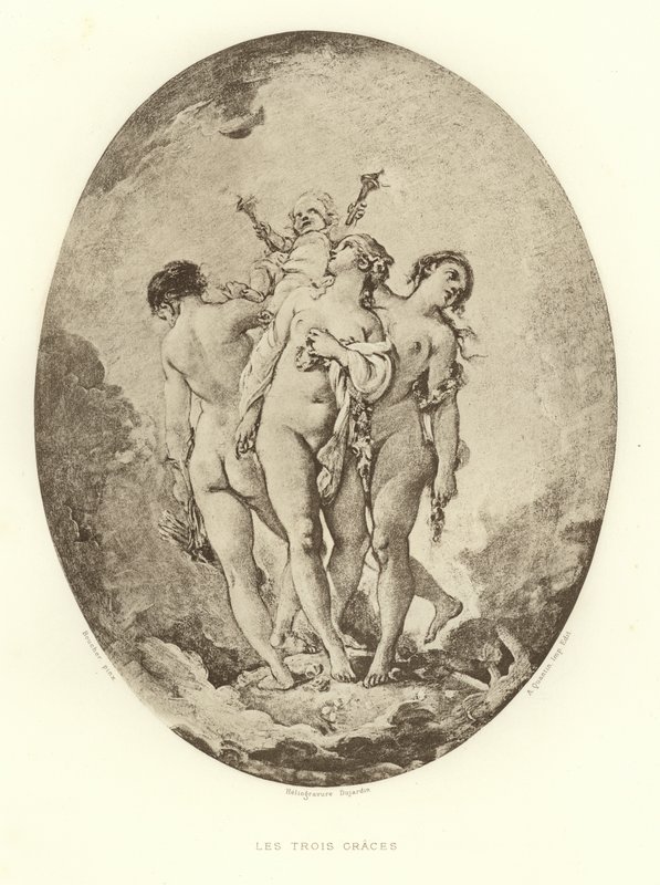The Three Graces (gravering) av Francois (after) Boucher