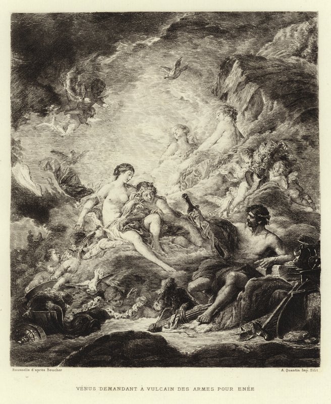 Venus ber Vulcan om våpen til Aeneas (gravering) av Francois (after) Boucher