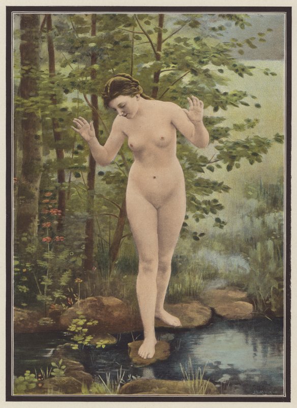 Åpenbaring, en kvinne og hennes refleksjon i vann (farge litho) av Francois Eugene Brillaud