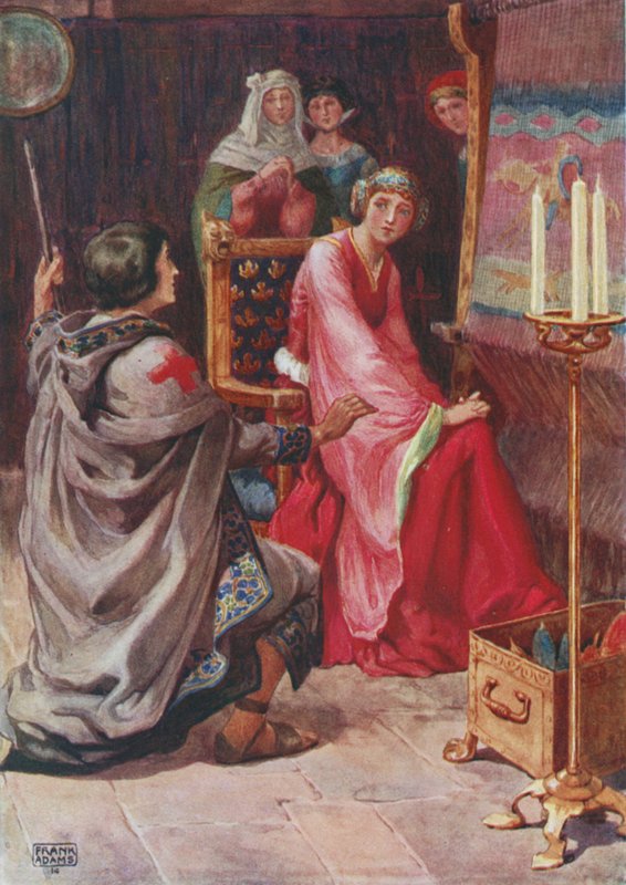 Pilegrimen og dronningen, fra The Staff and Scrip av Dante G Rossetti av Frank Adams