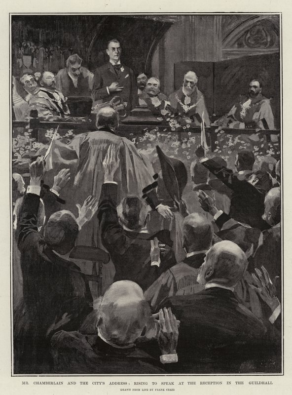Herr Chamberlain og byens adresse, reiser seg for å tale i resepsjonen i Guildhall av Frank Craig