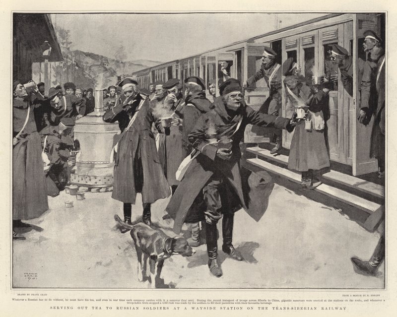 Servering av te til russiske soldater på en Wayside-stasjon på den transsibirske jernbanen av Frank Craig