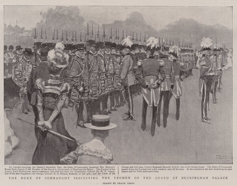 Hertugen av Connaught inspiserer Yeomen of the Guard på Buckingham Palace av Frank Craig
