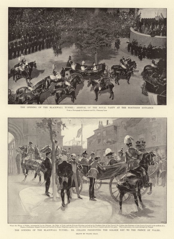 Åpningen av Blackwall-tunnelen, ankomsten av det kongelige partiet ved den nordlige inngangen, åpningen av Blackwall-tunnelen, Dr Collins presenterer den gylne nøkkelen til prinsen av Wales av Frank Craig