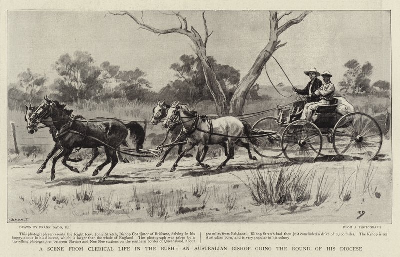 En scene fra Clerical Life in the Bush, en australsk biskop som går rundt i bispedømmet sitt av Frank Dadd