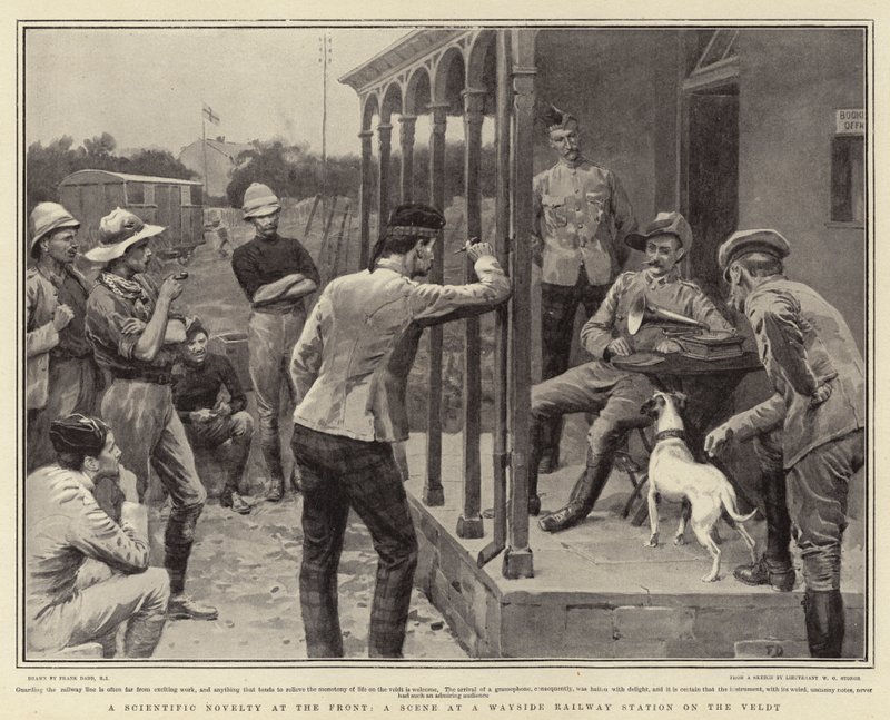 En vitenskapelig nyhet ved fronten, en scene på en Wayside jernbanestasjon på Veldt av Frank Dadd