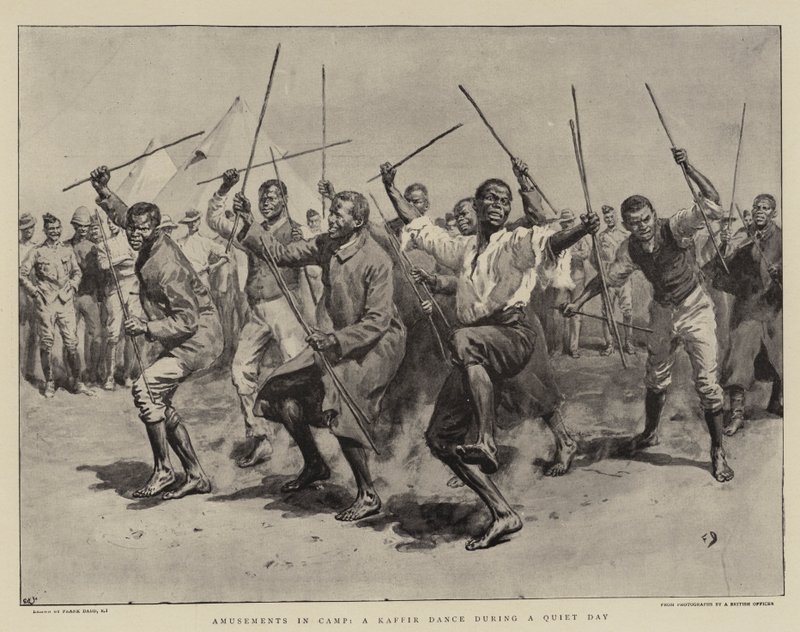 Forlystelser i leiren, en kaffirdans under en stille dag av Frank Dadd