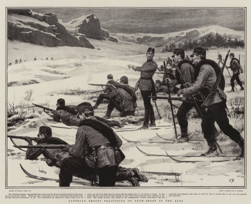 Østerrikske tropper øver på snøsko i Alpene av Frank Dadd