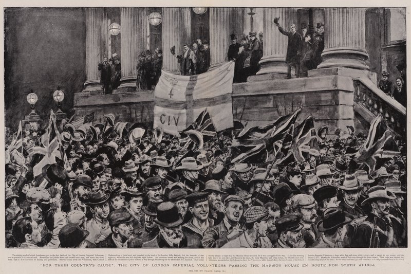 For deres lands sak passerer City of London Imperial Volunteers Mansion House En Route for Sør-Afrika av Frank Dadd