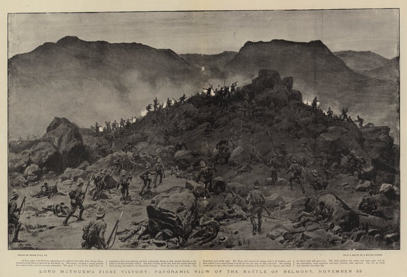 Lord Methuens første seier, panoramautsikt over slaget ved Belmont, 28. november av Frank Dadd