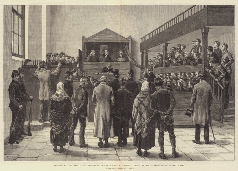 Åpning av New Irish Land Court i Connaught, en skisse i Claremorris Court-House, County Mayo av Frank Dadd