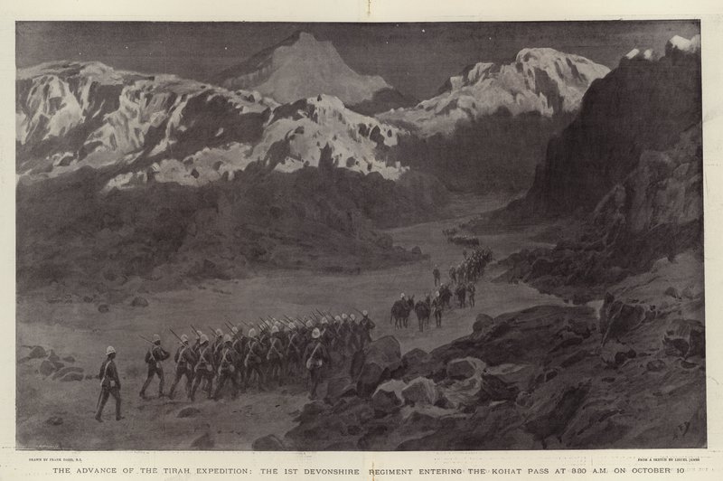 The Advance of the Tirah Expedition, det første Devonshire-regimentet går inn i Kohat-passet kl. 03.30 den 10. oktober av Frank Dadd