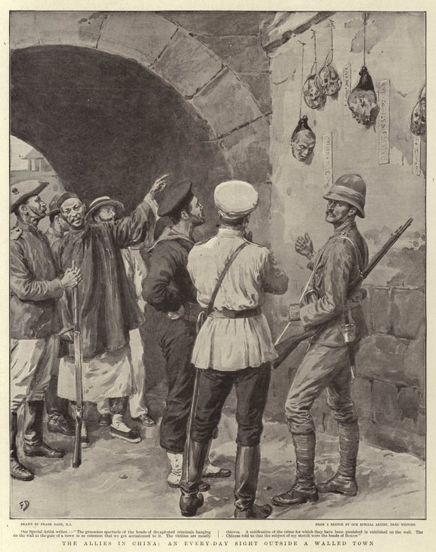 De allierte i Kina, et daglig syn utenfor en befestet by av Frank Dadd