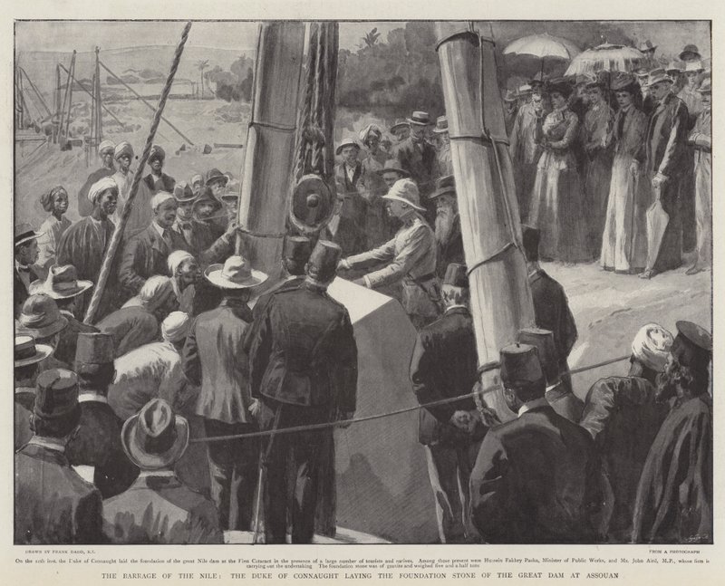 The Barrage of the Nile, hertugen av Connaught som legger grunnsteinen til den store demningen ved Assouan av Frank Dadd