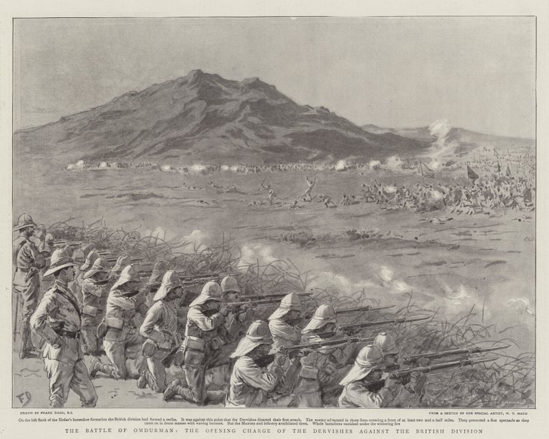 Slaget ved Omdurman, åpningsanklagen til dervisjene mot den britiske divisjonen av Frank Dadd