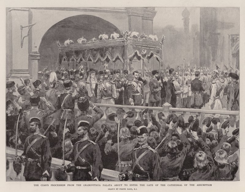 Tsarens prosesjon fra Granovitaya Palata er i ferd med å gå inn i porten til himmelfartskatedralen av Frank Dadd