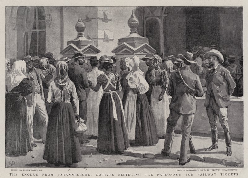 Utvandringen fra Johannesburg, innfødte som beleirer prestegården for jernbanebilletter av Frank Dadd