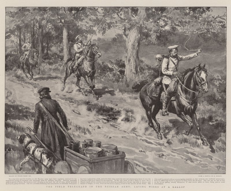 Felttelegrafen i den russiske hæren, legger ledninger i galopp av Frank Dadd