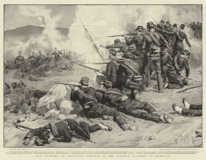 Kampene ved Velestino, avvisning av det tyrkiske infanteriet ved Rizomalo av Frank Dadd