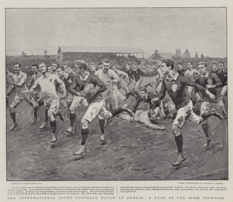 Den internasjonale rugbyfotballkampen i Dublin, et rush av de irske spissene av Frank Dadd