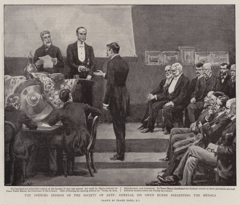 Åpningssesjonen til Society of Arts, general Sir Owen Burne presenterer medaljene av Frank Dadd
