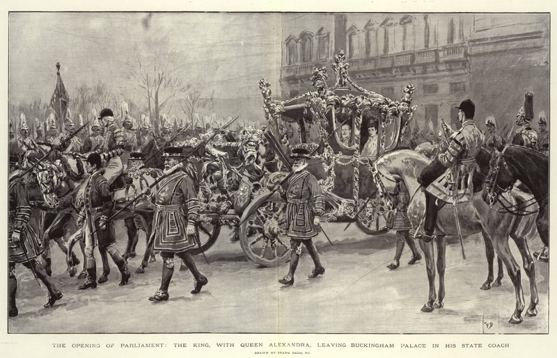 Åpningen av parlamentet, kongen, med dronning Alexandra, forlater Buckingham Palace i sin statstrener av Frank Dadd