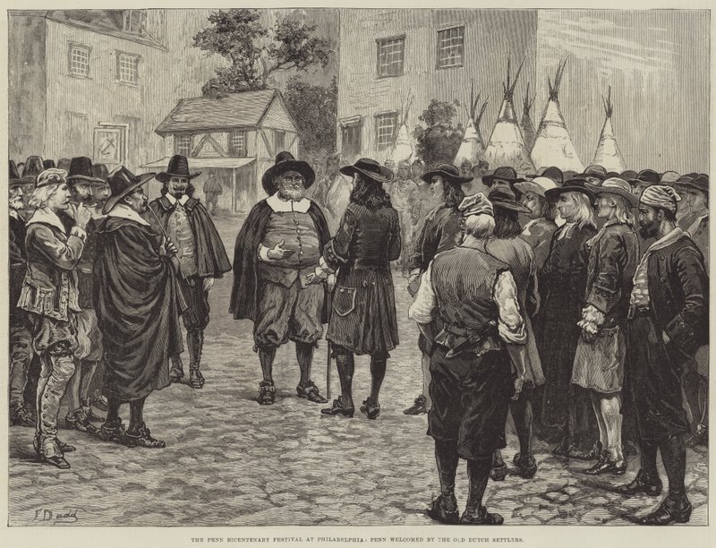 Penn Bicentenary Festival i Philadelphia, Penn ønsket velkommen av de gamle nederlandske nybyggerne av Frank Dadd