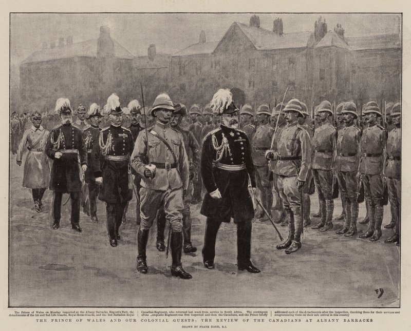 Prinsen av Wales og våre kolonigjester, gjennomgangen av kanadierne ved Albany Barracks av Frank Dadd