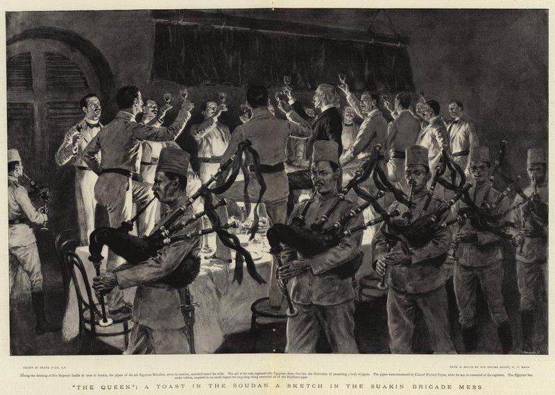 Dronningen, en skål i Soudan en skisse i Suakin Brigade Mess av Frank Dadd