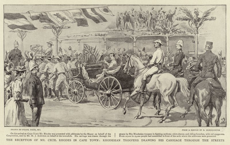 Mottakelsen av Mr Cecil Rhodes i Cape Town, Rhodesian Troopers trekker vognen hans gjennom gatene av Frank Dadd