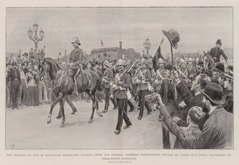Returen av 1. bataljons grenadervakter fra Soudan, krysser Westminster Bridge på vei fra Waterloo til Wellington Barracks av Frank Dadd