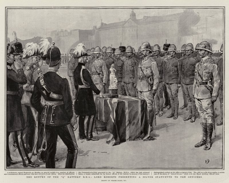 The Return of the Q Battery RHA, Lord Roberts presenterer en sølvstatuett til offiserene av Frank Dadd