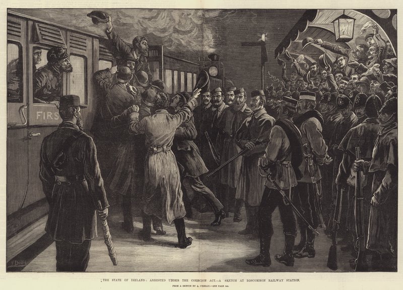 Staten i Irland, arrestert under tvangsloven, en skisse ved Roscommon Railway Station av Frank Dadd