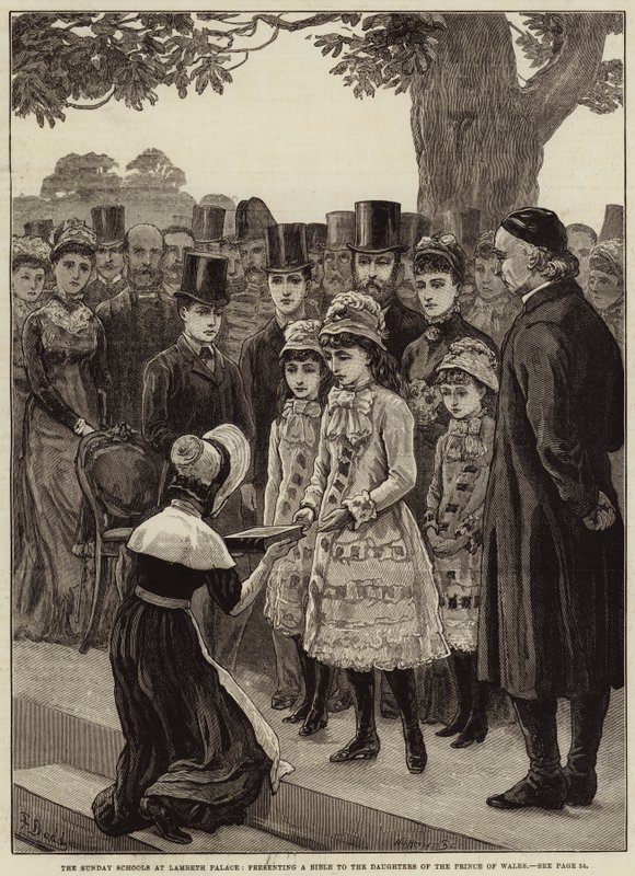 Søndagsskolene på Lambeth Palace, presenterer en bibel til døtrene til prinsen av Wales av Frank Dadd