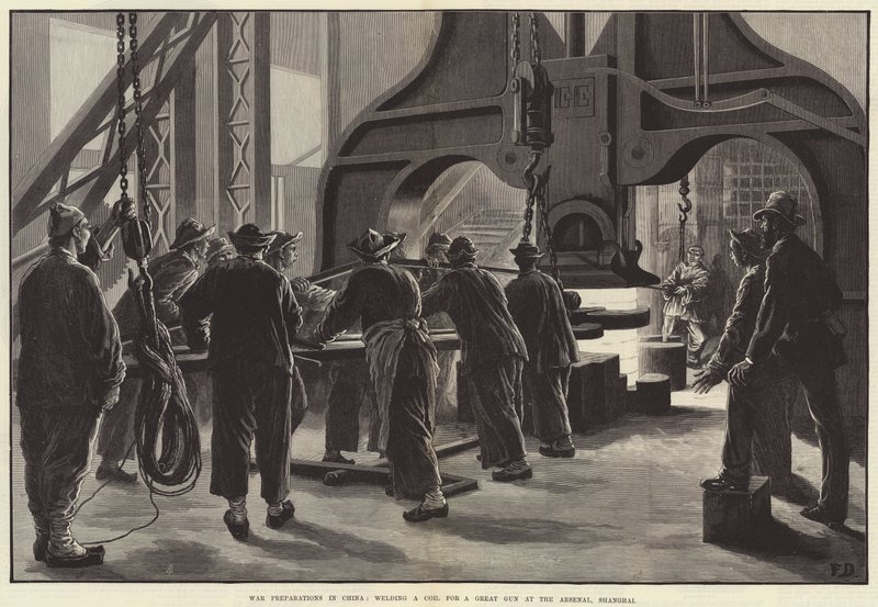 Krigsforberedelser i Kina, sveising av en spole for en stor pistol ved Arsenal, Shanghai av Frank Dadd