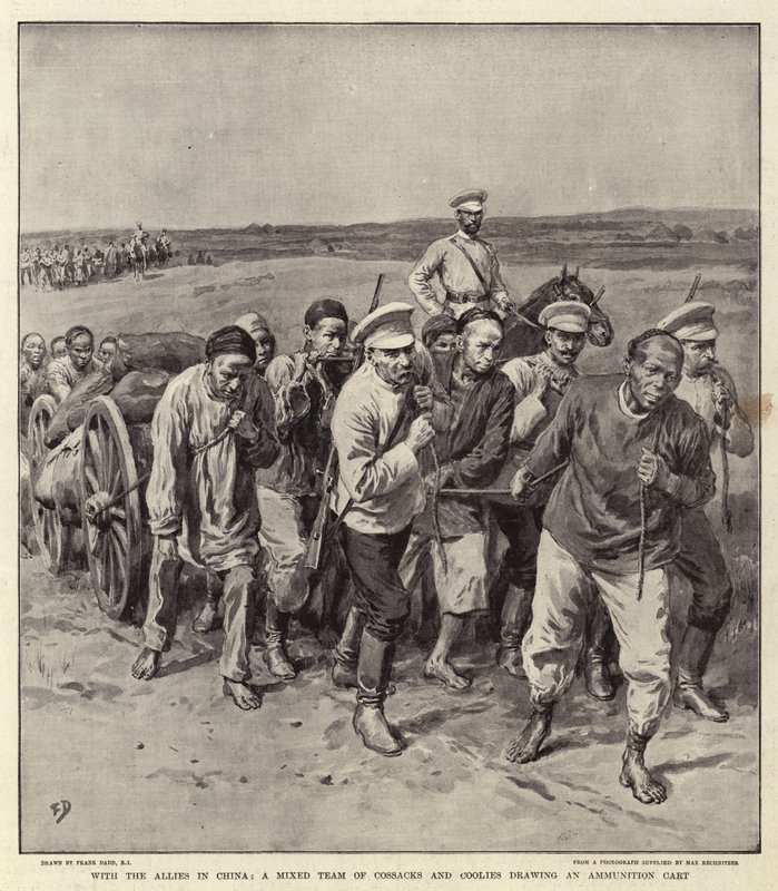 Med de allierte i Kina, et blandet lag av kosakker og kulier som tegner en ammunisjonsvogn av Frank Dadd