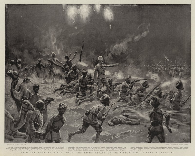 Med Mohmand Field Force, nattangrepet på Sir Bindon Blood's Camp ved Nawagai av Frank Dadd