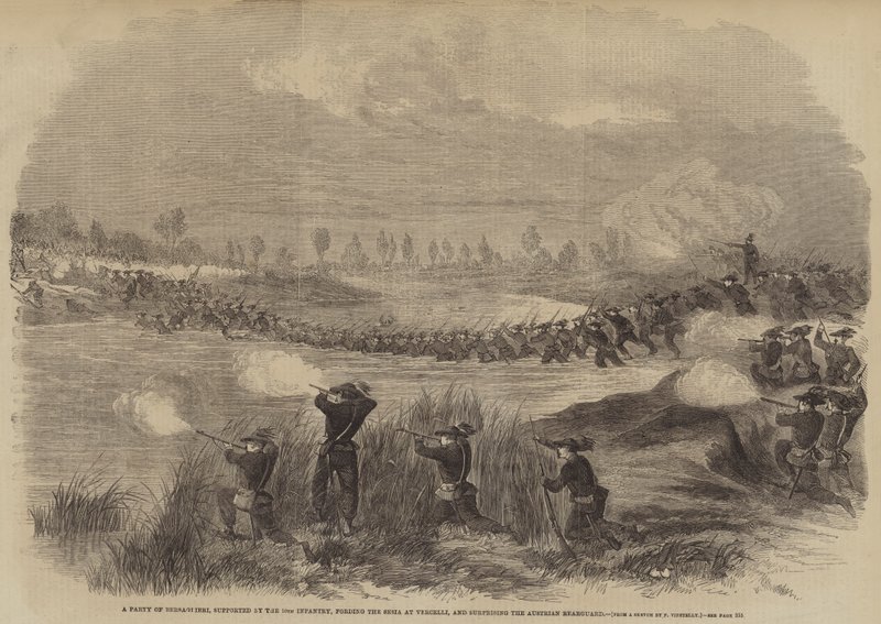 Et parti av Bersaglieri, støttet av det 10. infanteriet, som forserte Sesia ved Vercelli? av Frank Vizetelly