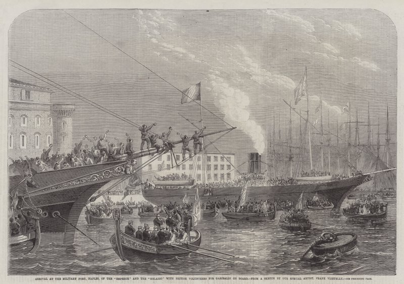 Ankomst til Militærhavnen, Napoli, til keiseren og Melazzo med britiske frivillige for Garibaldi om bord av Frank Vizetelly