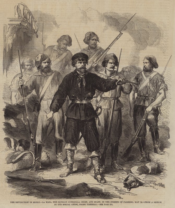 Revolusjonen på Sicilia, La Masa, den sicilianske geriljasjefen og staben, i gatene i Palermo, 28. mai av Frank Vizetelly
