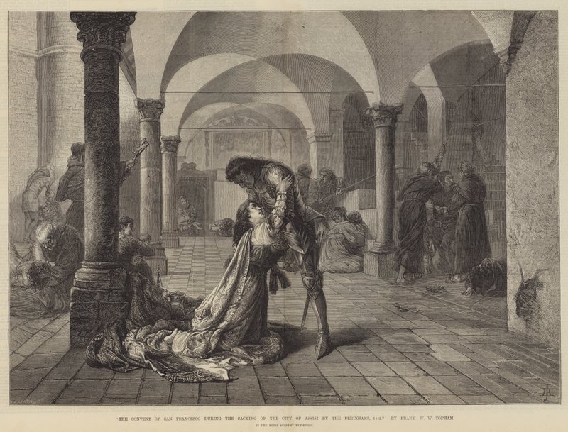 Klosteret San Francesco under plyndringen av byen Assisi av perugianerne, 1442 av Frank William Warwick Topham