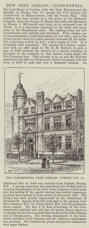 Clerkenwell Free Library, åpnet 10. oktober av Frank Watkins