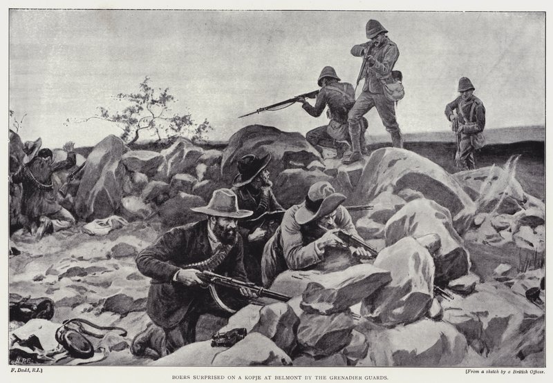 Boere overrasket på en kopje ved Belmont av Grenadier Guards (litho) av Frank (after) Dadd