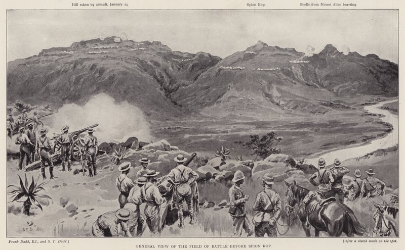 Generell oversikt over kampfeltet før Spion Kop (litho) av Frank (after) Dadd