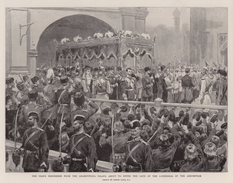 Tsarens prosesjon fra Granovitaya Palata er i ferd med å gå inn i porten til Himmelfartskatedralen (litho) av Frank (after) Dadd
