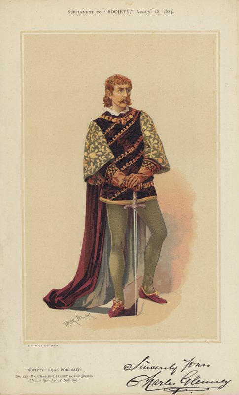 Mr Charles Glenney, som Don John, i Much Ado About Nothing (color litho) av Frank (after) Feller