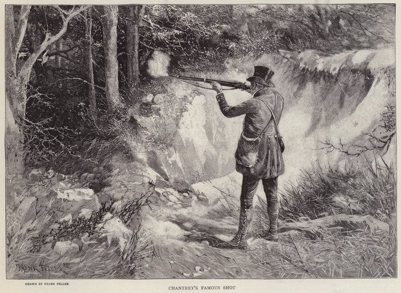 Sir Francis Chantrey drepte to trehaner med ett skudd mens han jaktet i Holkham Hall, Norfolk (litho) av Frank (after) Feller