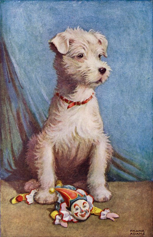 Hund med en lekeklovn (farge litho) av Frank Adams