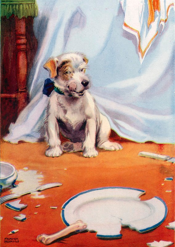 Hund med ødelagt tallerken (farge litho) av Frank Adams